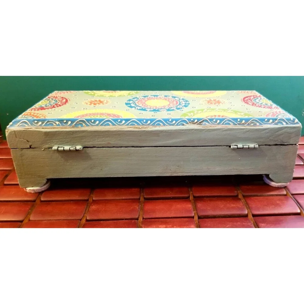 Bohemian Decorative Wooden Jewelry Box Floral Design Hand-Painted Flowers